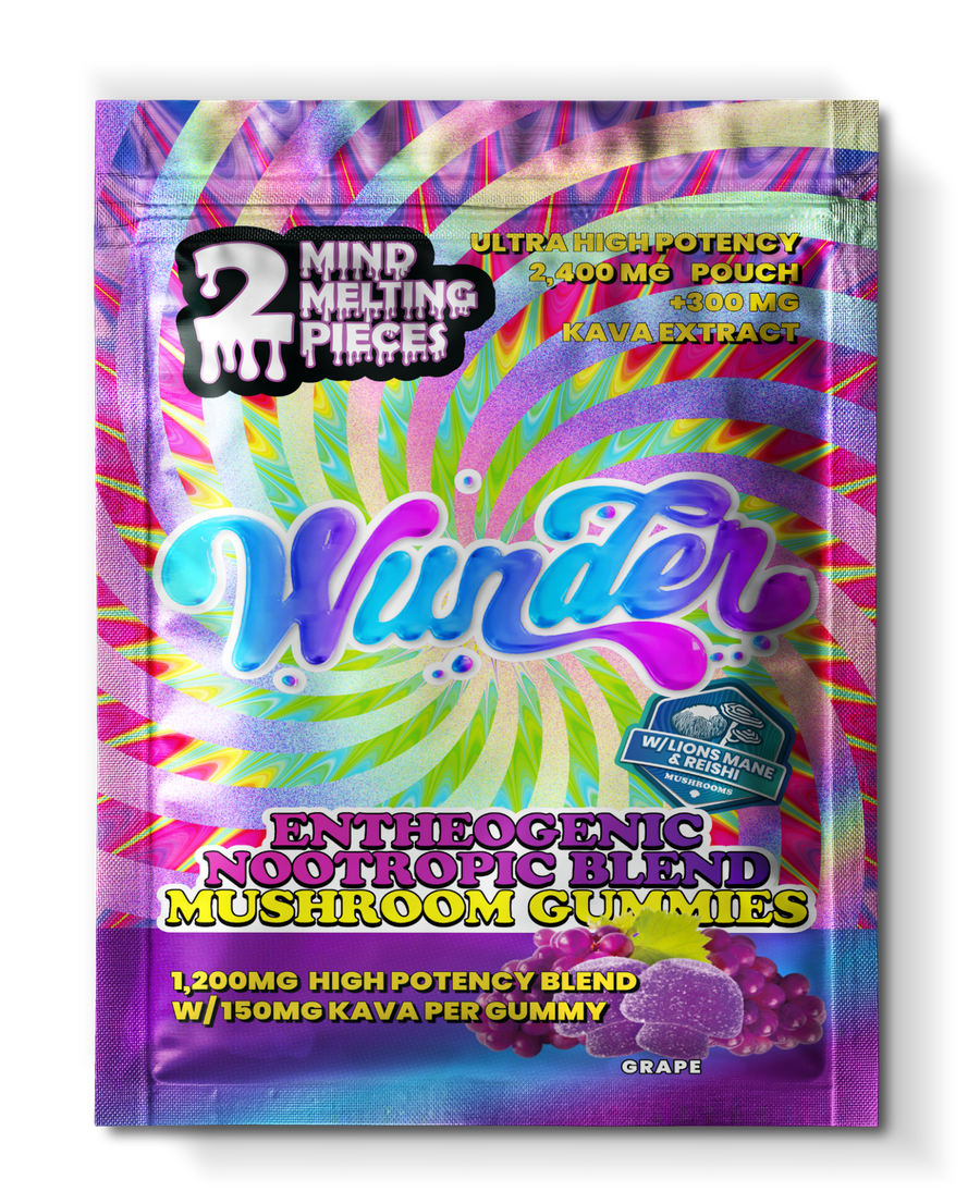 Front of 2ct Grape Mushroom Gummies with Kava package featuring bold grape-inspired artwork with sleek, modern design