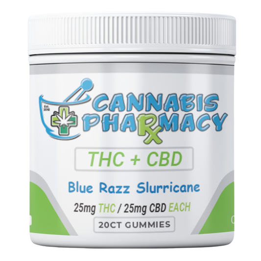 Front label of Cannabis Pharmacy Blue Razz Slurricane THC + CBD Gummies jar, displaying 25mg THC and 25mg CBD per gummy in a 20-count container.