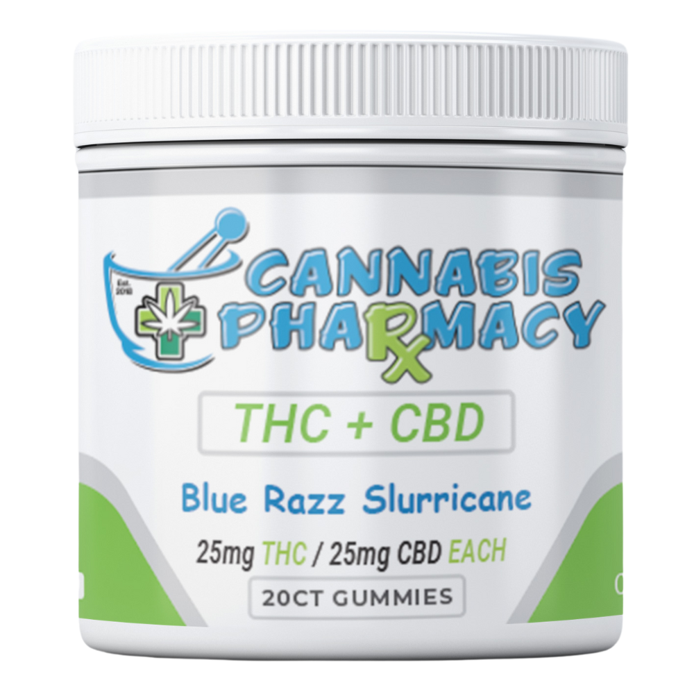 1:1 Delta-9 THC Gummies 25mg THC + 25mg CBD - 20ct Blue Razz Slurricane