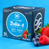 Cannabis Life Berry Blast Delta-8 gummies, 25mg, 30-count box with berries on a blue background.
