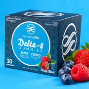 Cannabis Life Berry Blast Delta-8 gummies, 25mg, 30-count box with berries on a blue background.