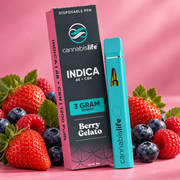 Cannabis Life Berry Gelato 3g vape and box with berries on a pink background.