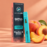 Cannabis Life Peaches & Cream 3g vape and box with peaches on a peach background.