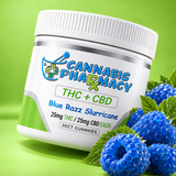 Cannabis Pharmacy Blue Razz Slurricane THC + CBD gummies, 20-count jar with blue raspberries on lime green.