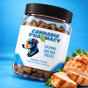 Cannabis Pharmacy Calming CBD Dog Treats, 1200mg chicken-flavor jar with chicken on a blue background.
