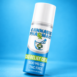 Cannabis Pharmacy CBD Relief Cream, 1500mg bottle on a blue background.
