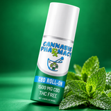 Cannabis Pharmacy CBD Roll-On, 1500mg bottle with mint leaves on a green background.
