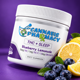 Cannabis Pharmacy Blueberry Lemonade THC + Sleep gummies, 30-count jar with blueberries and lemon on purple.