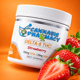 Cannabis Pharmacy Strawberry Delta-8 gummies, 25mg, 30-count jar with strawberries on an orange background.