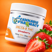 Cannabis Pharmacy Strawberry Delta-8 gummies, 25mg, 30-count jar with strawberries on an orange background.
