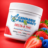 Cannabis Pharmacy assorted Delta-8 gummies, 100mg, 30-count jar with strawberries and blue raspberries on red.