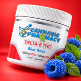 Cannabis Pharmacy Blue Razz Delta-8 gummies, 25mg, 30-count jar with blue raspberries on an orange background.