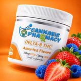 Cannabis Pharmacy assorted Delta-8 gummies, 25mg, 30-count jar with strawberries and blue raspberries on orange.