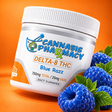 Cannabis Pharmacy Blue Razz Delta-8 gummies, 25mg, 30-count jar with blue raspberries on an orange background.
