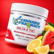 Cannabis Pharmacy Watermelon Lemonade Delta-8 gummies, 100mg, 30-count jar with watermelon and lemon on red.