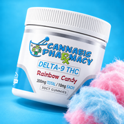 Cannabis Pharmacy Rainbow Candy Delta-9 gummies, 10mg, 30-count jar with cotton candy on a blue background.