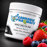 Cannabis Pharmacy MAX Delta-8+ Mixed Berry gummies, 30-count jar with strawberries, raspberries and blueberries on black.