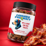 Cannabis Pharmacy Hip & Joint CBD Dog Treats, 1200mg bacon-flavor jar with bacon on a red background.