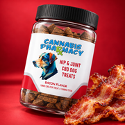 Cannabis Pharmacy Hip & Joint CBD Dog Treats, 1200mg bacon-flavor jar with bacon on a red background.