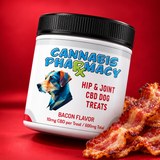 Cannabis Pharmacy Hip & Joint CBD Dog Treats, 60-count 600mg jar with bacon on a red background.