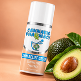 Cannabis Pharmacy Skin Relief Cream, 1500mg CBD bottle with avocado on a peach background.