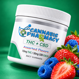 Cannabis Pharmacy Mango THC + CBD gummies, 30-count jar with mango on a green background.