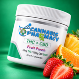 Cannabis Pharmacy Fruit Punch THC + CBD gummies, 30-count jar with tropical fruit on a green background.