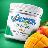 Cannabis Pharmacy Mango THC + CBD gummies, 30-count jar with mango on a green background.