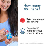 A woman holding a jar of GABA gummy vitamins on the left, with text on the right explaining dosage: 'How many do I take?' and instructions to take one gummy per serving and wait 30-60 minutes to kick in.