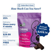 A purple and pink bag of CBD FX Calming Hard Chews for Dogs is shown on a white background with promotional text and savings callouts. The package features a cartoon dog outline and a blue savings badge reading 'Annual Savings: up to $209.