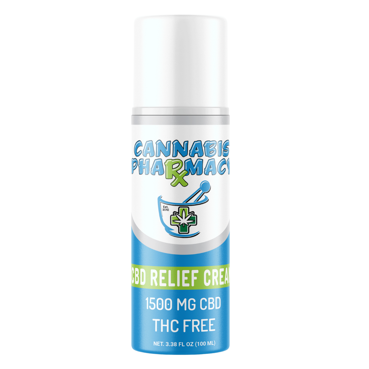 Cannabis Pharmacy CBD Cream bottle with pump top, labeled “1500mg CBD Relief Cream – THC Free – 3.38 fl oz