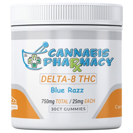 Front of Cannabis Pharmacy Blue Raspberry D8 Gummies jar, labeled 750mg total Delta-8 THC, 25mg each gummy.