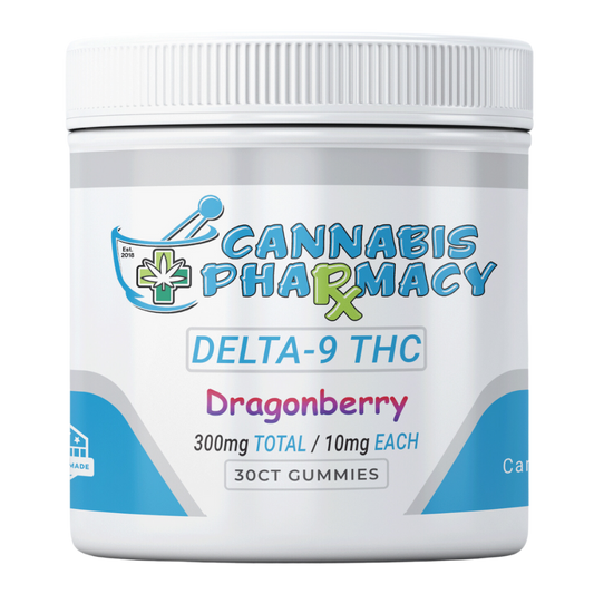 Front view of Cannabis Pharmacy Dragonberry 10mg THC Gummies jar, showing 300mg total Delta-9 THC and 10mg per gummy.