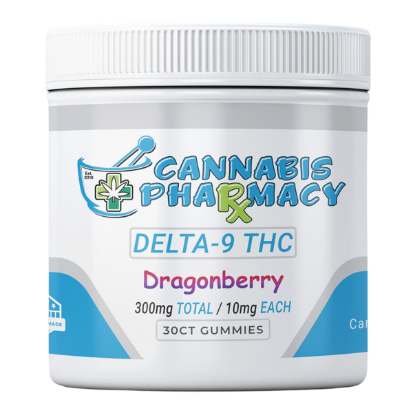 Front view of Cannabis Pharmacy Dragonberry 10mg THC Gummies jar, showing 300mg total Delta-9 THC and 10mg per gummy.