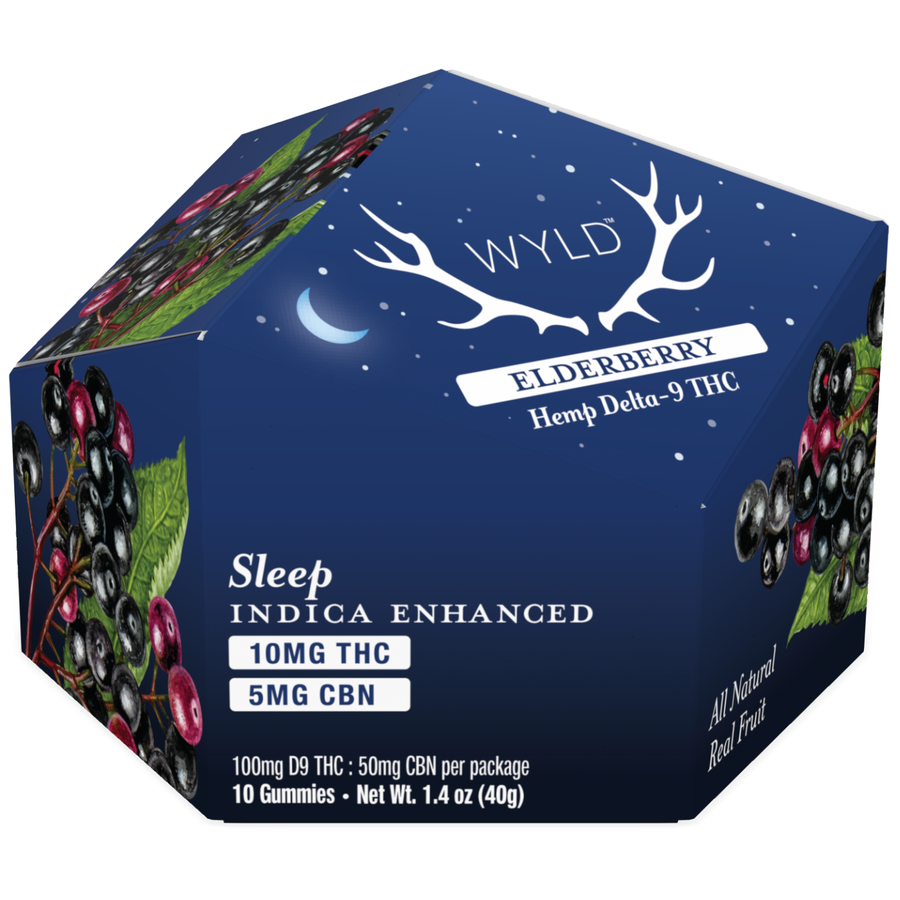 Angled front view of Wyld Elderberry THC Gummies 10-count box with moonlit blue packaging and illustrated elderberries for sleep support