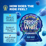 Ferris Wheel Blue Razz gummies graphic advertising feel-good emotions, focused energy, and zero hangovers.