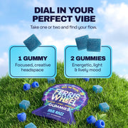 Ferris Wheel Blue Razz graphic comparing one gummy for focus and creativity with two for an energetic mood.