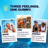 Ferris Wheel Blue Razz gummies graphic with lifestyle photos highlighting mood, social connection, and energy.