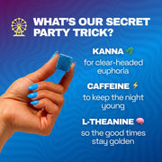 Hand holding a blue gummy beside Ferris Wheel ingredient callouts for kanna, caffeine, and L-theanine.
