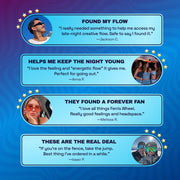 Four customer testimonials about Ferris Wheel Blue Razz gummies, discussing creative flow, going out, and mood.
