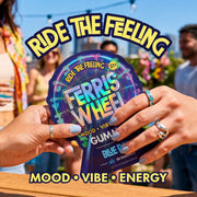 Hands holding a Ferris Wheel Blue Razz gummies pouch at an outdoor gathering with friends and a city skyline behind them.