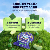 Ferris Wheel Sour Apple graphic comparing one gummy for focus and creativity with two for an energetic mood.