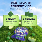 Ferris Wheel Sour Apple graphic comparing one gummy for focus and creativity with two for an energetic mood.