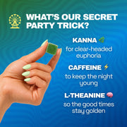 Ferris Wheel chart comparing Sour Apple gummies with alcohol, social tonics, and cannabis across four advertised features.