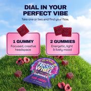 Ferris Wheel Sour Cherry gummies graphic comparing one gummy for focus and creativity with two for an energetic mood.