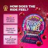 Ferris Wheel Sour Cherry gummies graphic advertising feel-good emotions, focused energy, and zero hangovers