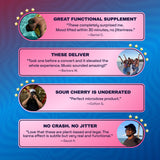 Four customer testimonials about Ferris Wheel Sour Cherry gummies, discussing mood, concerts, and microdosing.