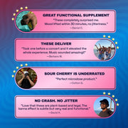 Four customer testimonials about Ferris Wheel Sour Cherry gummies, discussing mood, concerts, and microdosing.