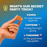 Hand holding an orange Sour Tropical gummy beside Ferris Wheel ingredient callouts for kanna, caffeine, and L-theanine.