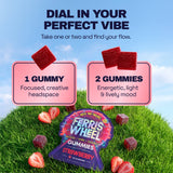 Ferris Wheel Strawberry graphic comparing one gummy for focus and creativity with two for an energetic mood.